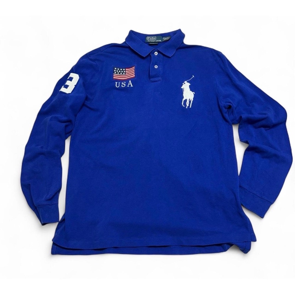 Polo Ralph Lauren Big Pony USA Flag Long Sleeve Polo Shirt Blue Mens Large